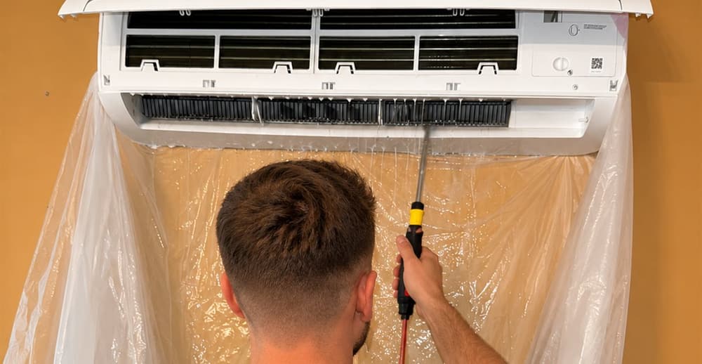Technicien AirNeuf nettoyant un climatiseur mural avec bâche de protection