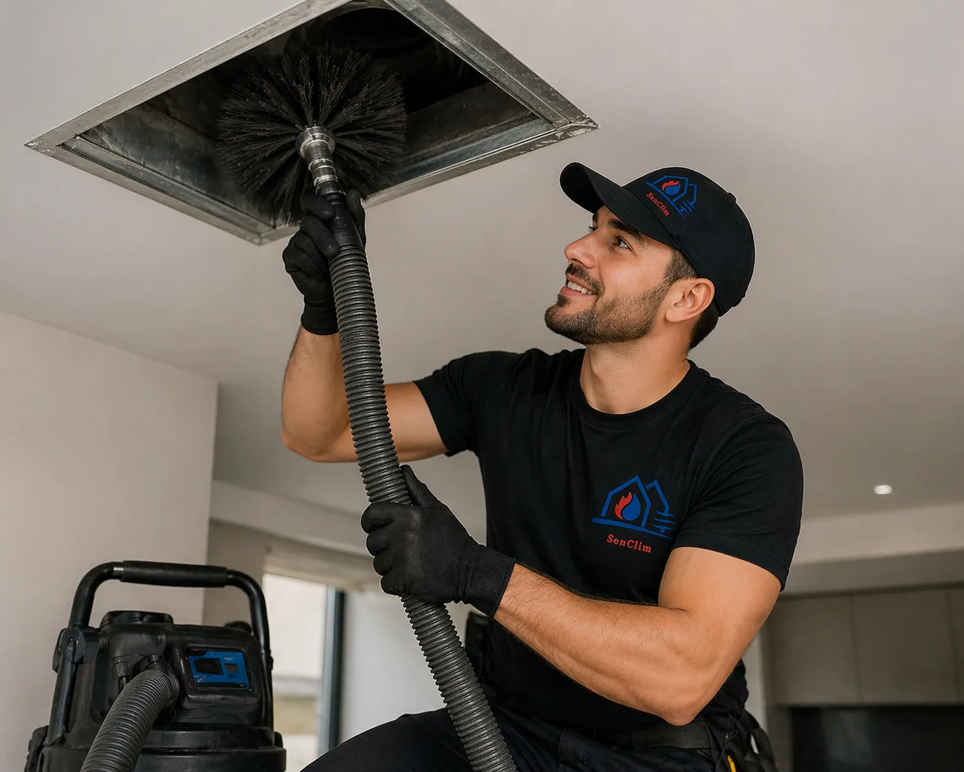 Technicien AirNeuf nettoyant un conduit de ventilation